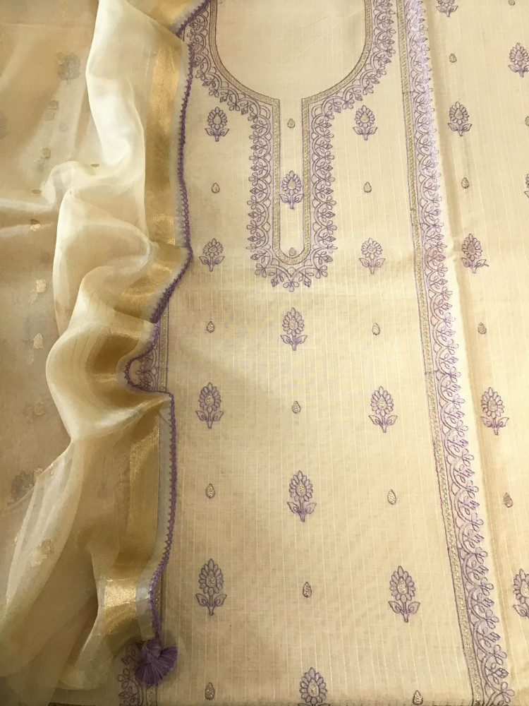Image of Soft Chanderi Embroidered Suit - Beige/Purple