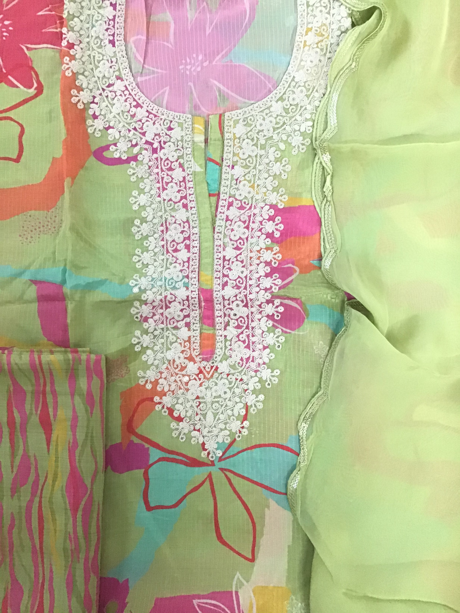Pure Muslin Silk Printed Embroidered Suit - Green