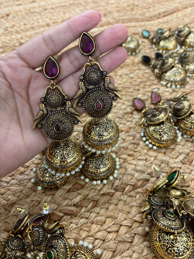 Image of Metallic Oxidised Gold Earrings With Stone Settings - Black