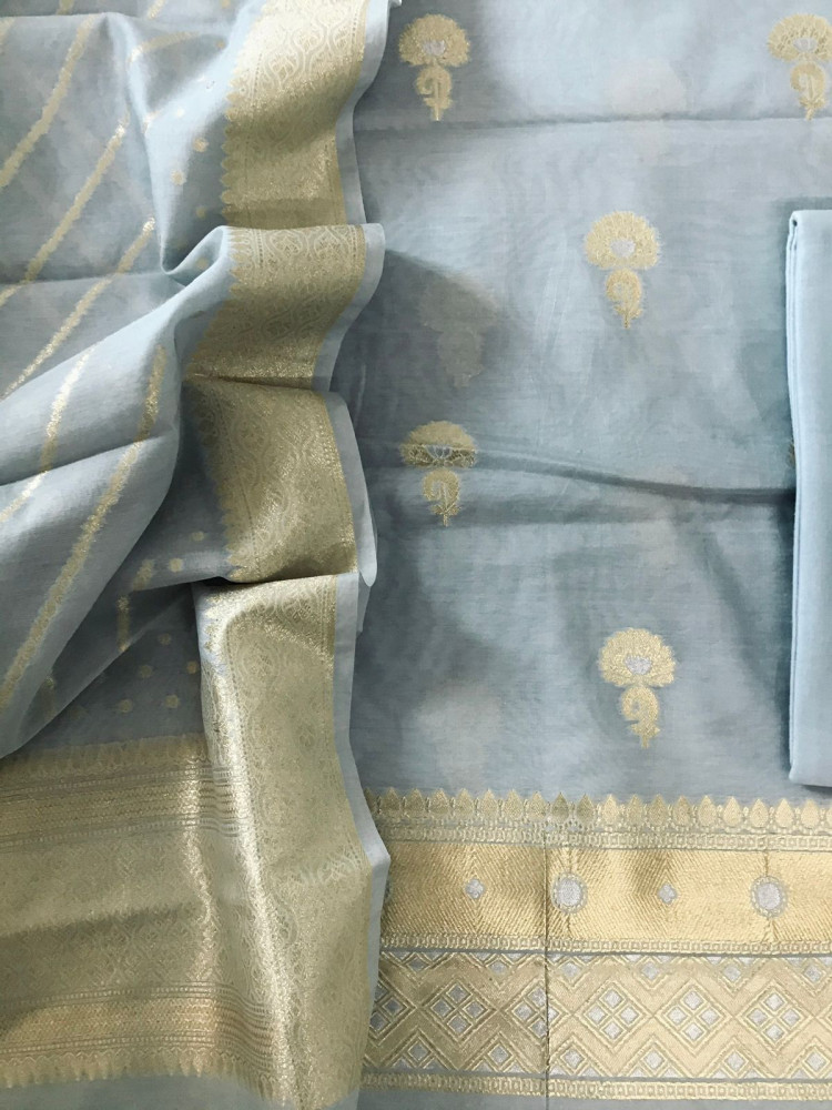 Image of Pure Fine Chanderi Banarasi Weaved Suit - Grey