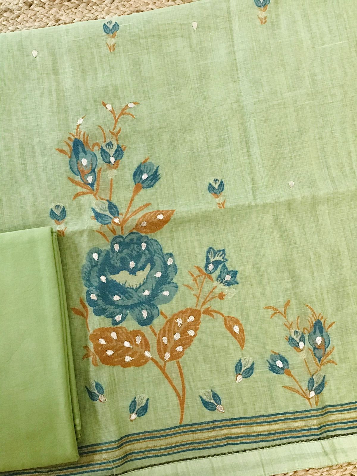 Soft Slub Chanderi Jamdani Weaved Embroidered Suit - Green