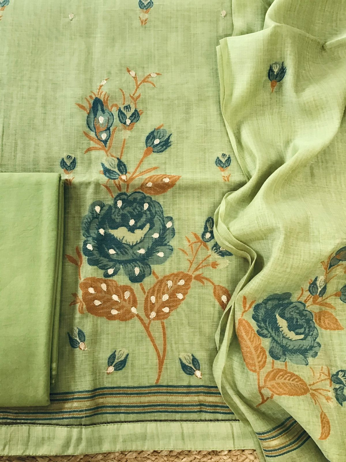 Soft Slub Chanderi Jamdani Weaved Embroidered Suit - Green