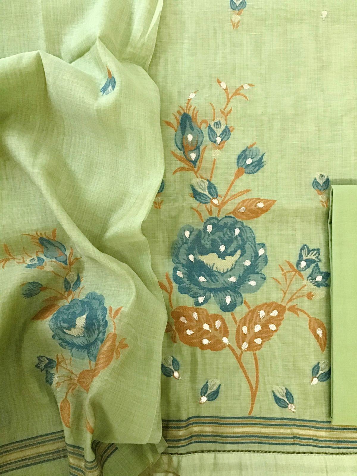 Soft Slub Chanderi Jamdani Weaved Embroidered Suit - Green
