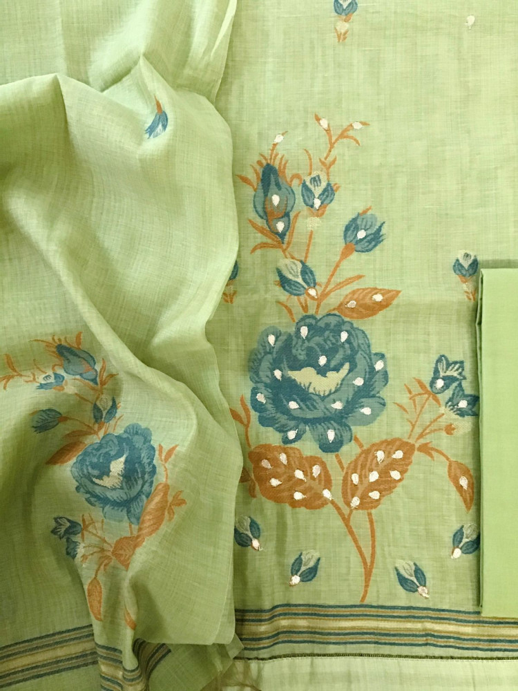 Image of Soft Slub Chanderi Jamdani Weaved Embroidered Suit - Green