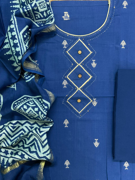 Image of Pure Handloom Cotton Printed Self Weaved Embroidered Suit - Blue