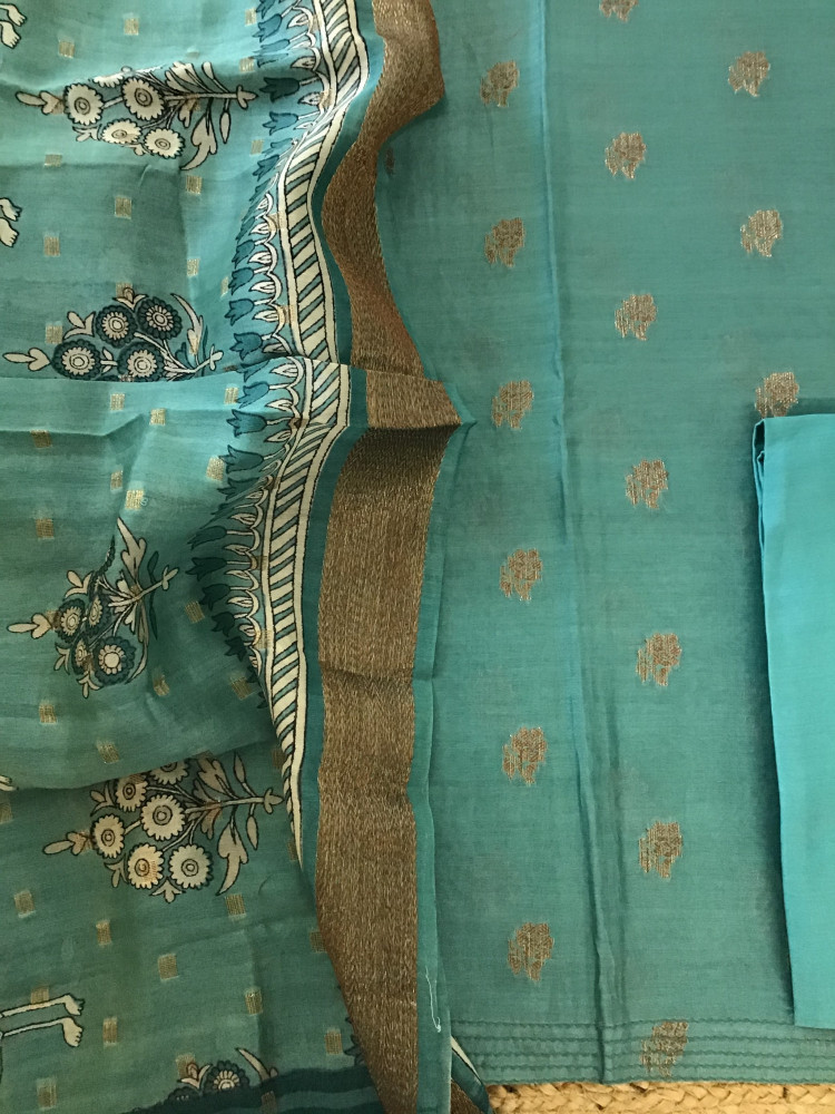 Image of Pure Chanderi Banarasi Weaved Printed Suit - Green
