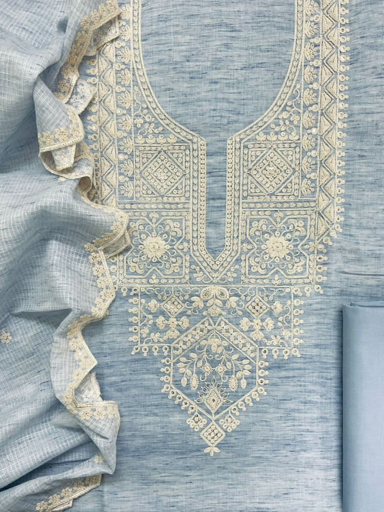 Image of Pure Fine Handloom Cotton Embroidered Suit - Blue