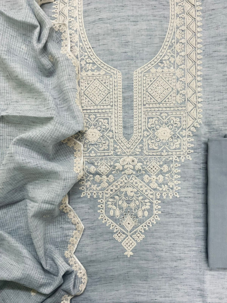 Image of Pure Fine Handloom Cotton Embroidered Suit - Grey