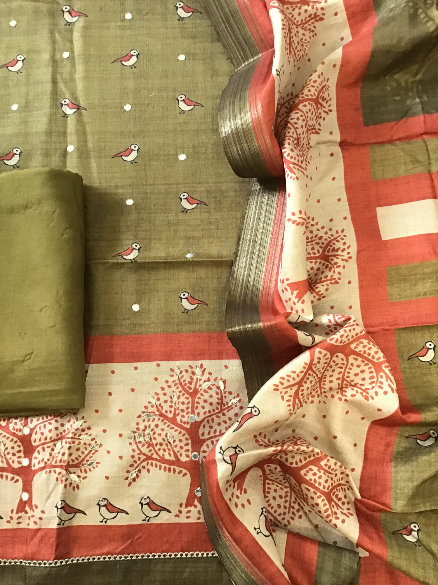 Soft Semi Tussar Silk Printed Embroidered Suit - MehandiGreen