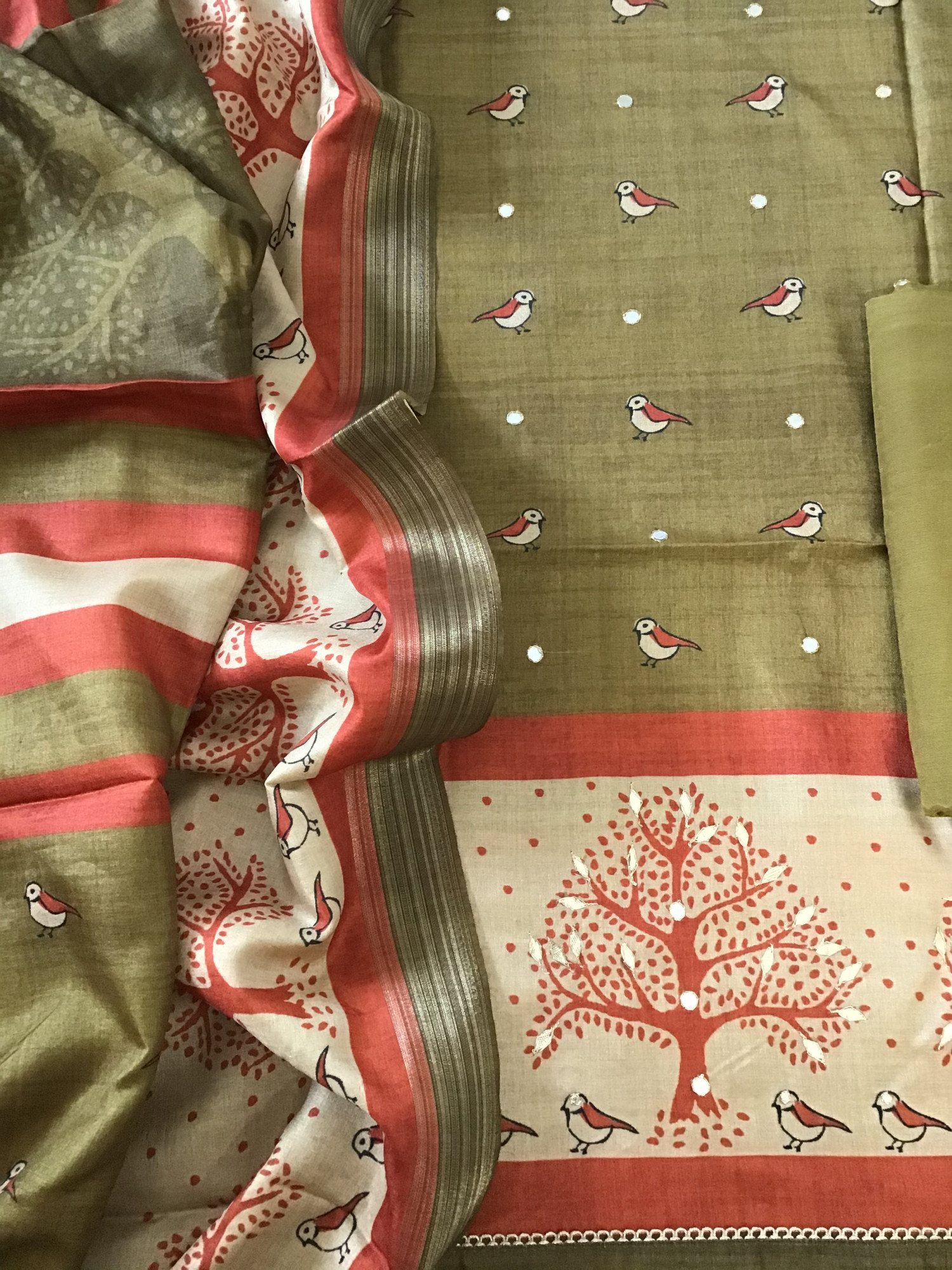 Soft Semi Tussar Silk Printed Embroidered Suit - MehandiGreen