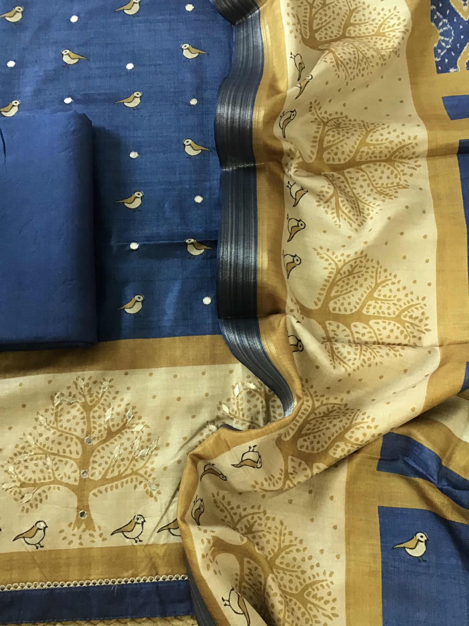 Soft Semi Tussar Silk Printed Embroidered Suit - Blue