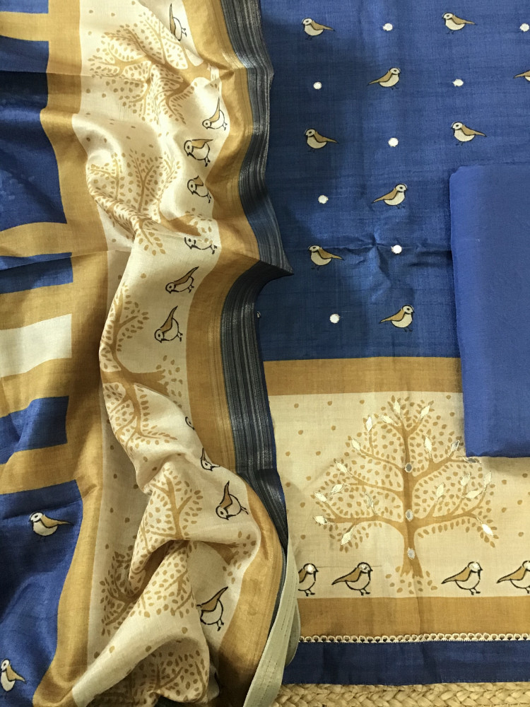 Image of Soft Semi Tussar Silk Printed Embroidered Suit - Blue