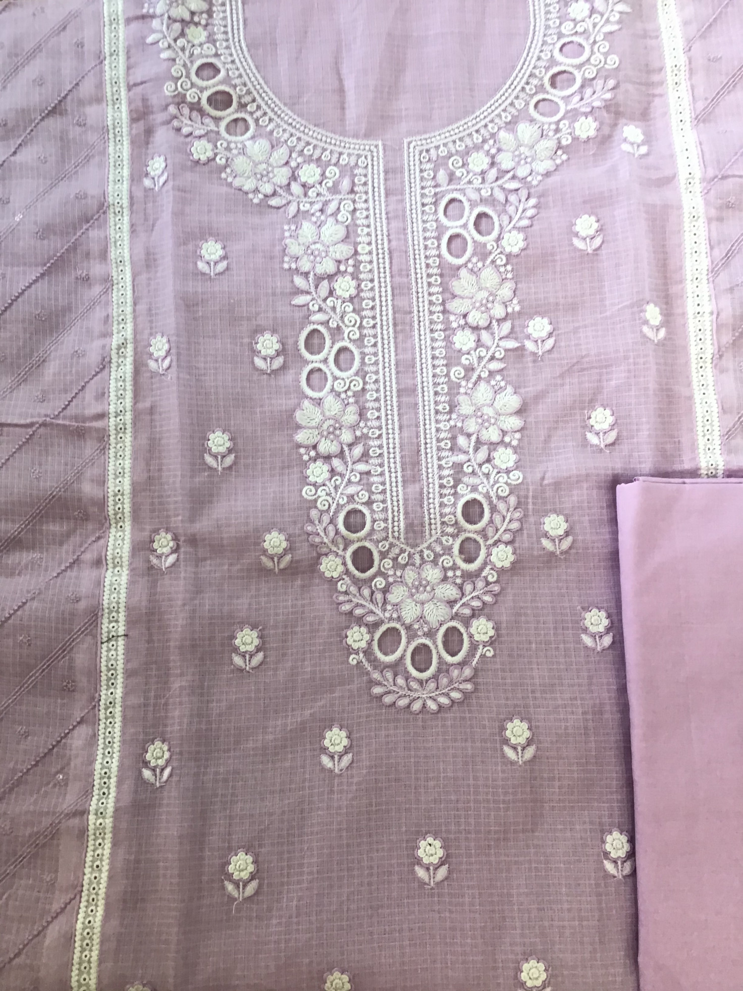 Pure Kota Cotton Printed Embroidered Suit - Lavender