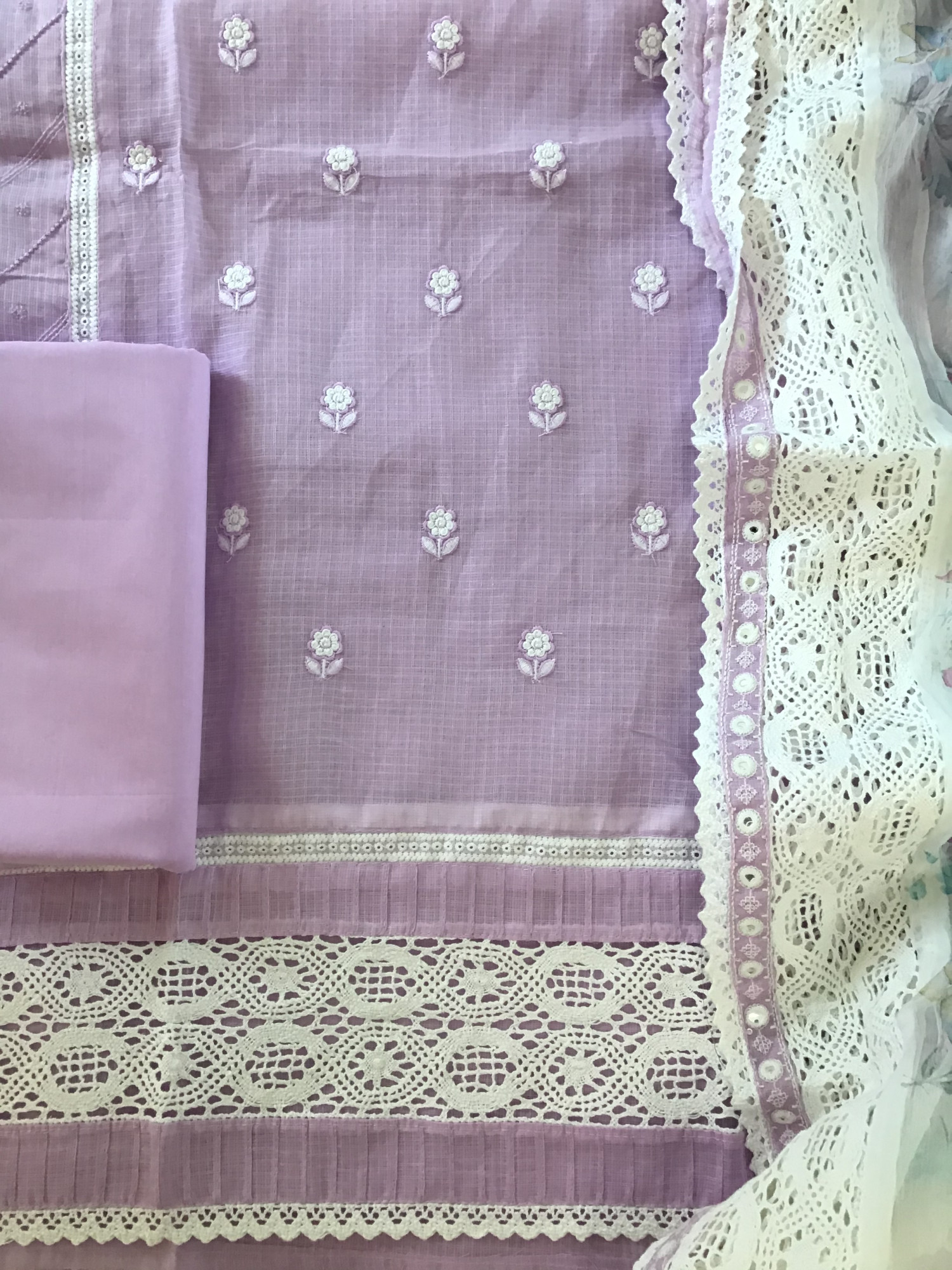 Pure Kota Cotton Printed Embroidered Suit - Lavender