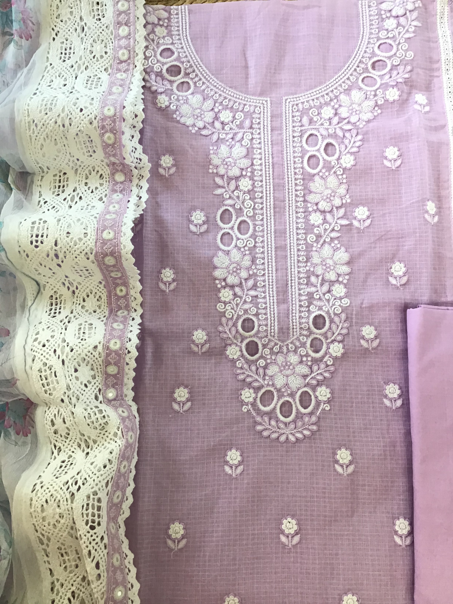 Pure Kota Cotton Printed Embroidered Suit - Lavender