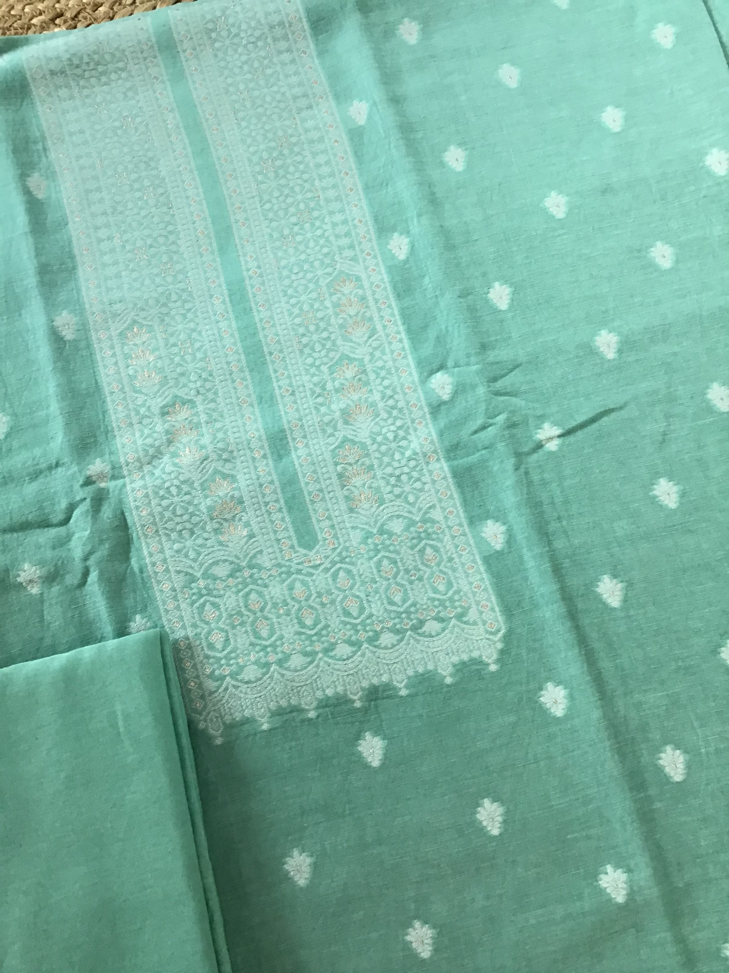 Pure Linen Chanderi Jamdani Weaved Suit - Sea Green