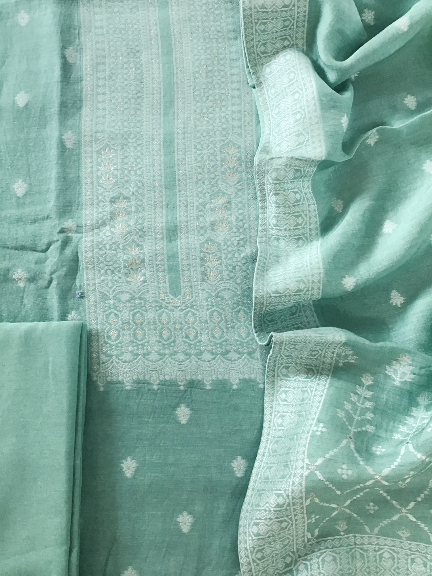 Pure Linen Chanderi Jamdani Weaved Suit - Sea Green