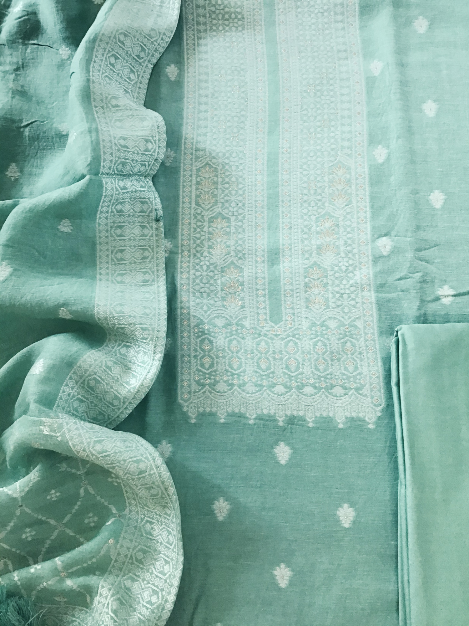 Pure Linen Chanderi Jamdani Weaved Suit - Sea Green
