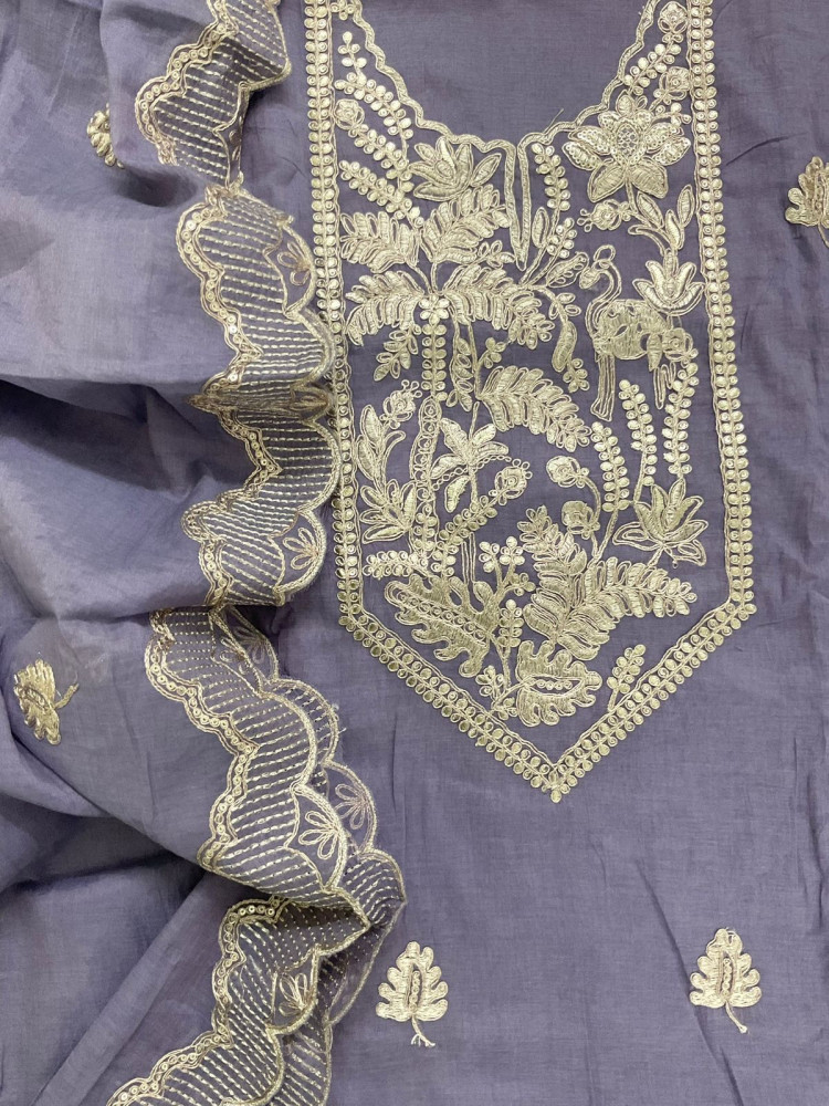 Image of Pure Chanderi Embroidered Suit - Lavender