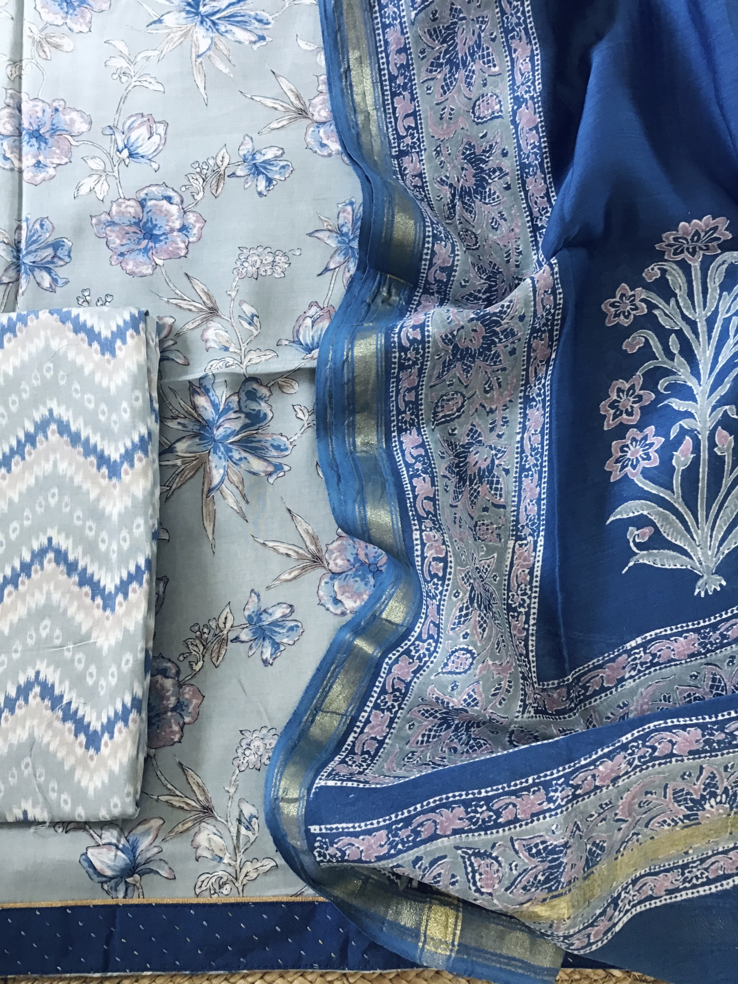 Soft Muslin Printed Embroidered Border Suit - Grey