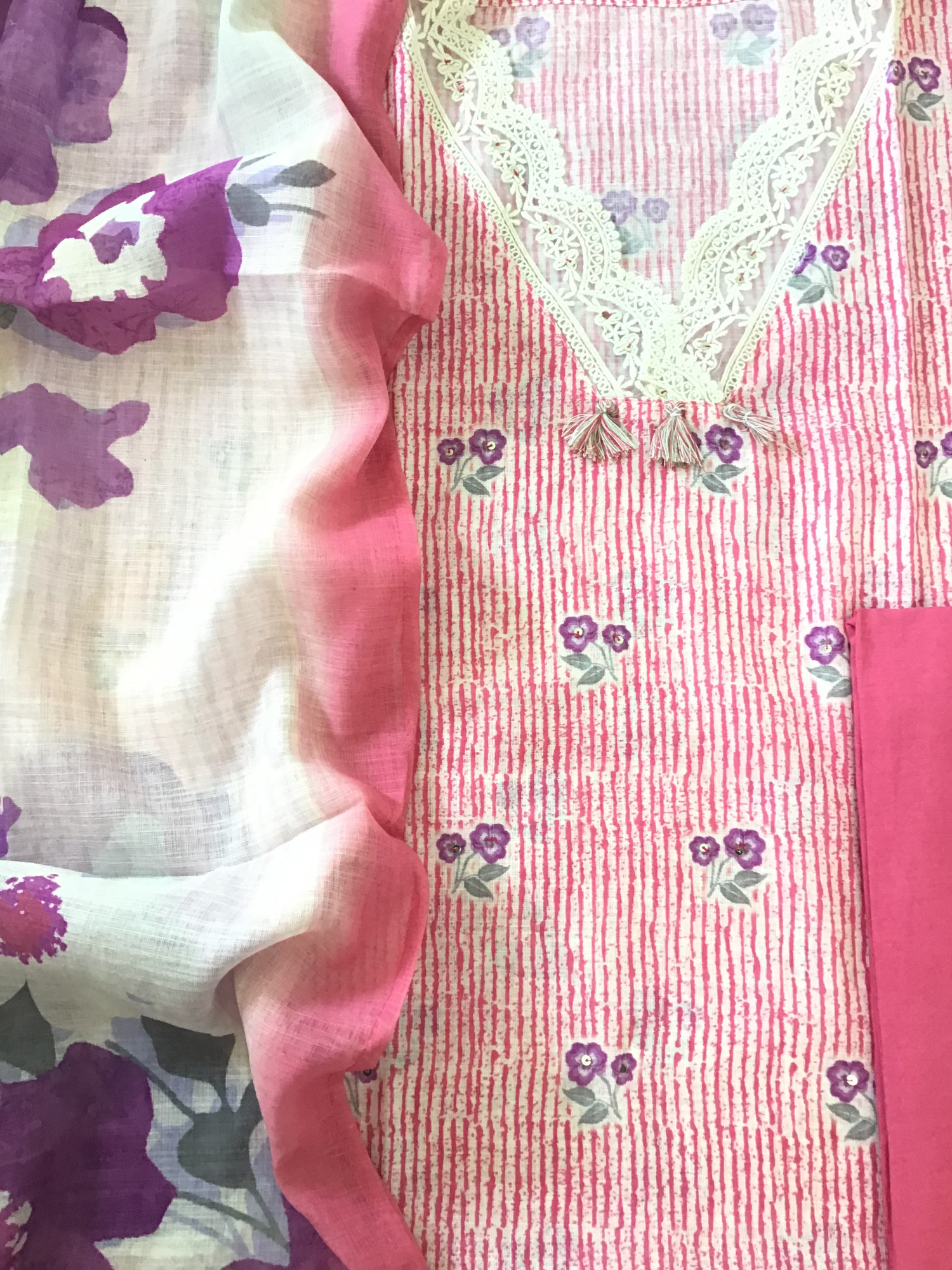 Soft Linen Jute Cotton Printed Embroidered Suit - Pink