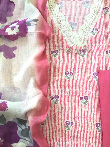Image of Soft Linen Jute Cotton Printed Embroidered Suit - Pink