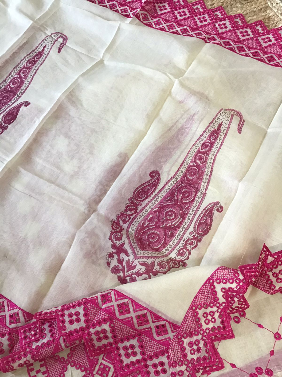 Pure Fine Mul Chanderi Embroidered Suit - Offwhite