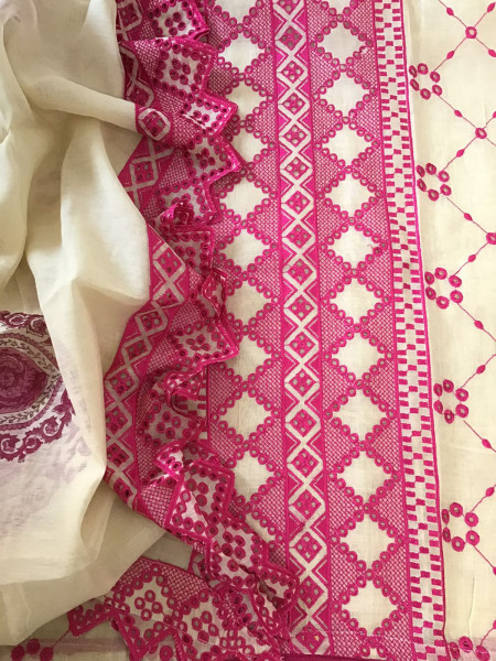 Image of Pure Fine Mul Chanderi Embroidered Suit - Offwhite