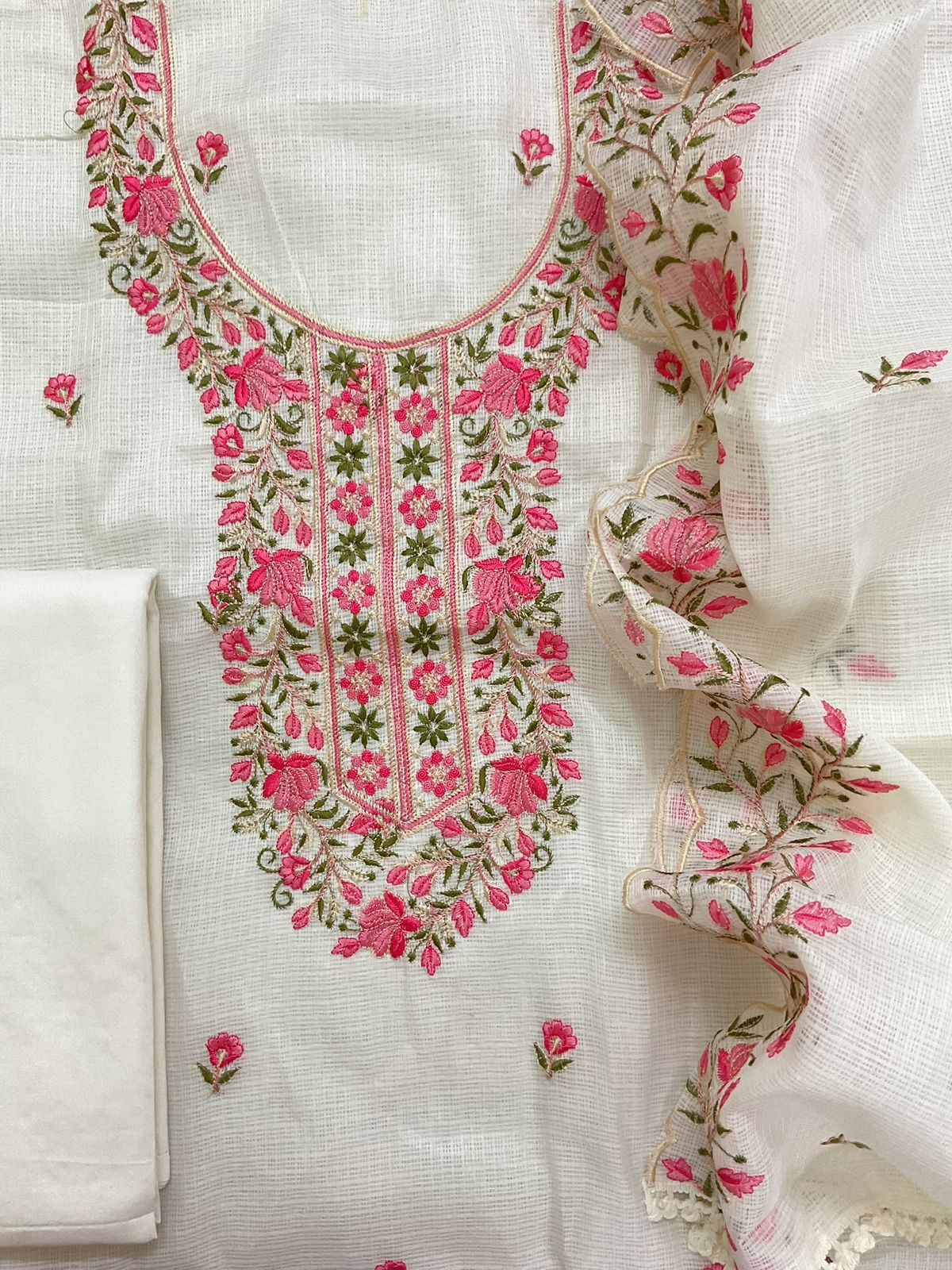 Soft Kota Silk Embroidered Suit - Off White