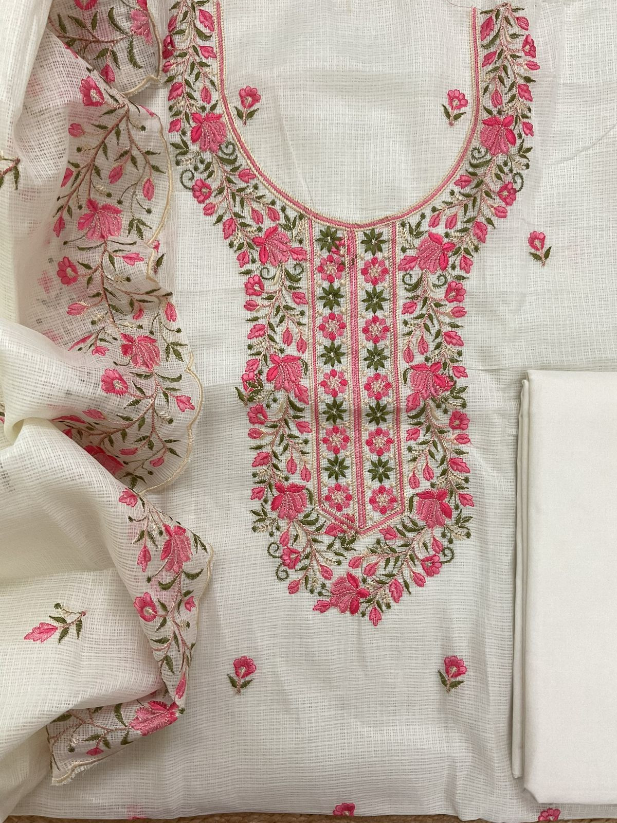 Soft Kota Silk Embroidered Suit - Off White
