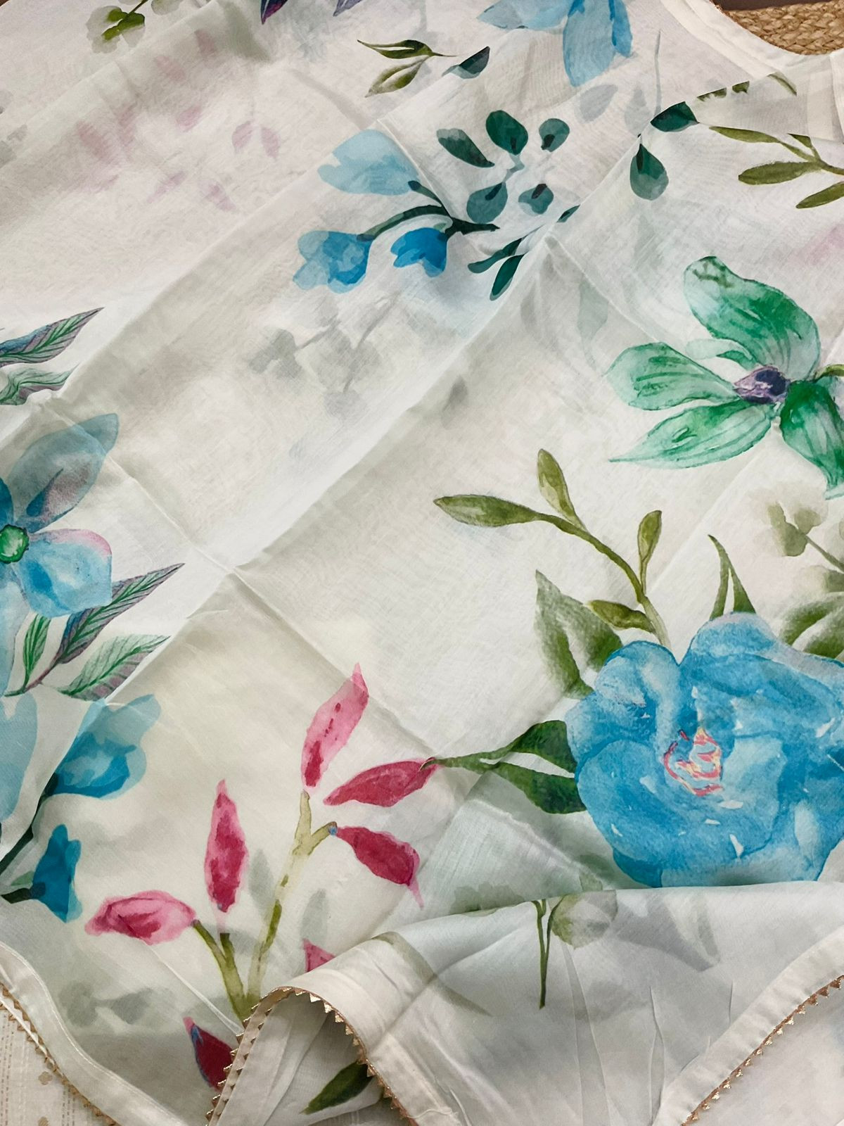 Pure Mul Chanderi Printed Embroidered Banarasi Weaved Suit - Offwhite