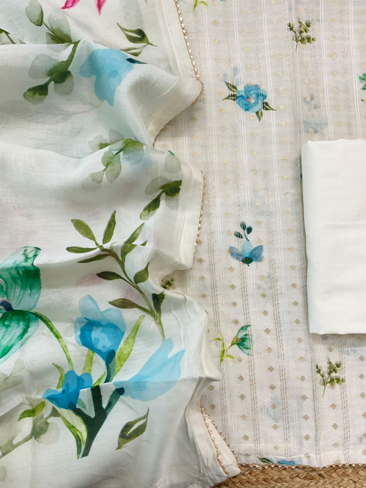 Image of Pure Mul Chanderi Printed Embroidered Banarasi Weaved Suit - Offwhite