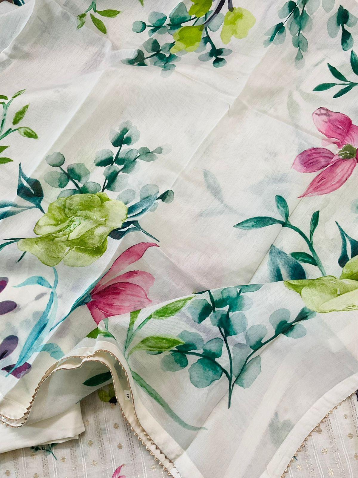 Pure Mul Chanderi Printed Embroidered Banarasi Weaved Suit - Offwhite