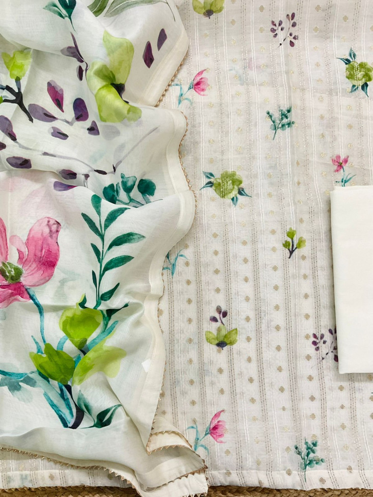 Image of Pure Mul Chanderi Printed Embroidered Banarasi Weaved Suit - Offwhite