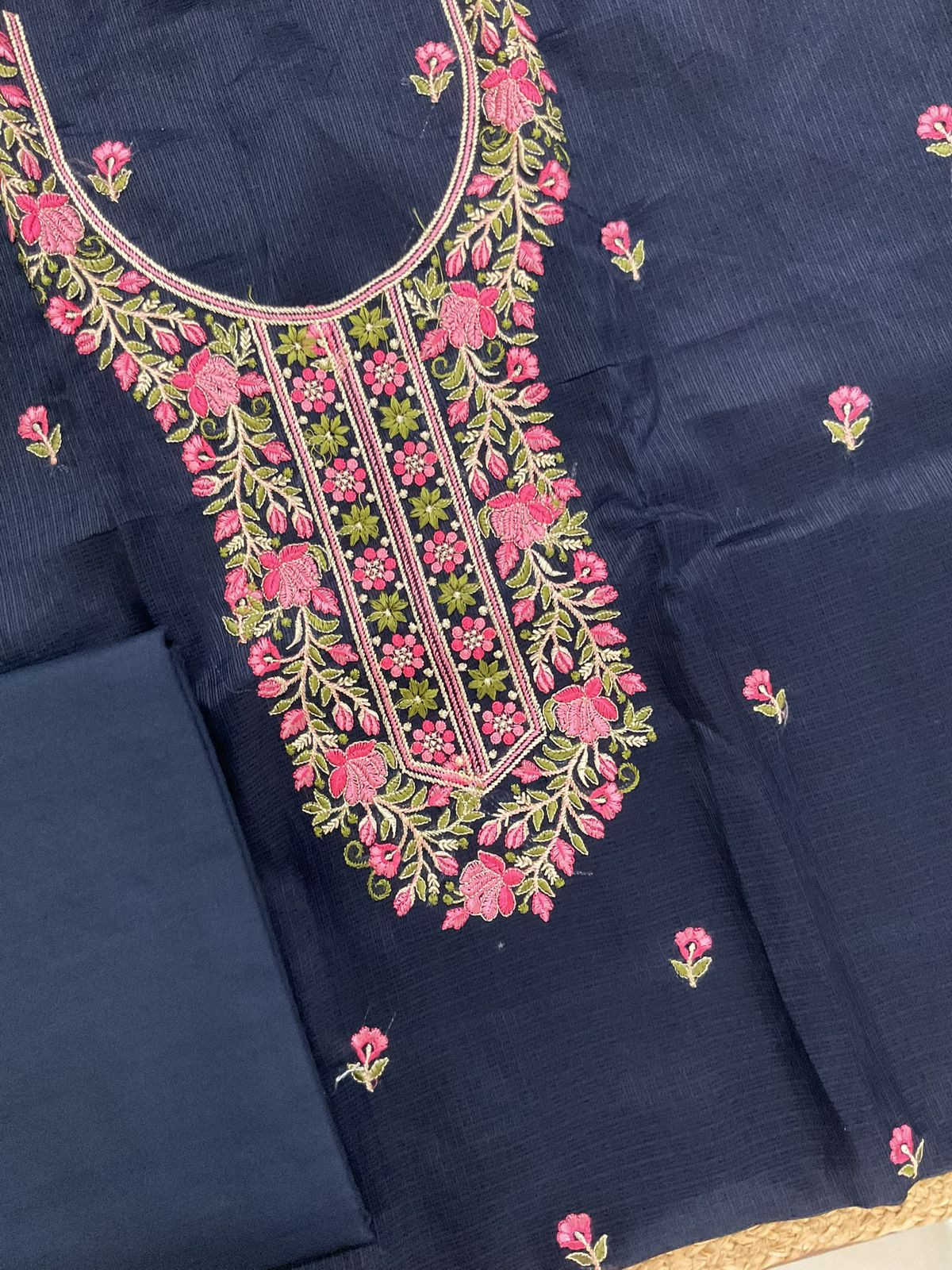Soft Kota Silk Embroidered Suit - Dark Blue