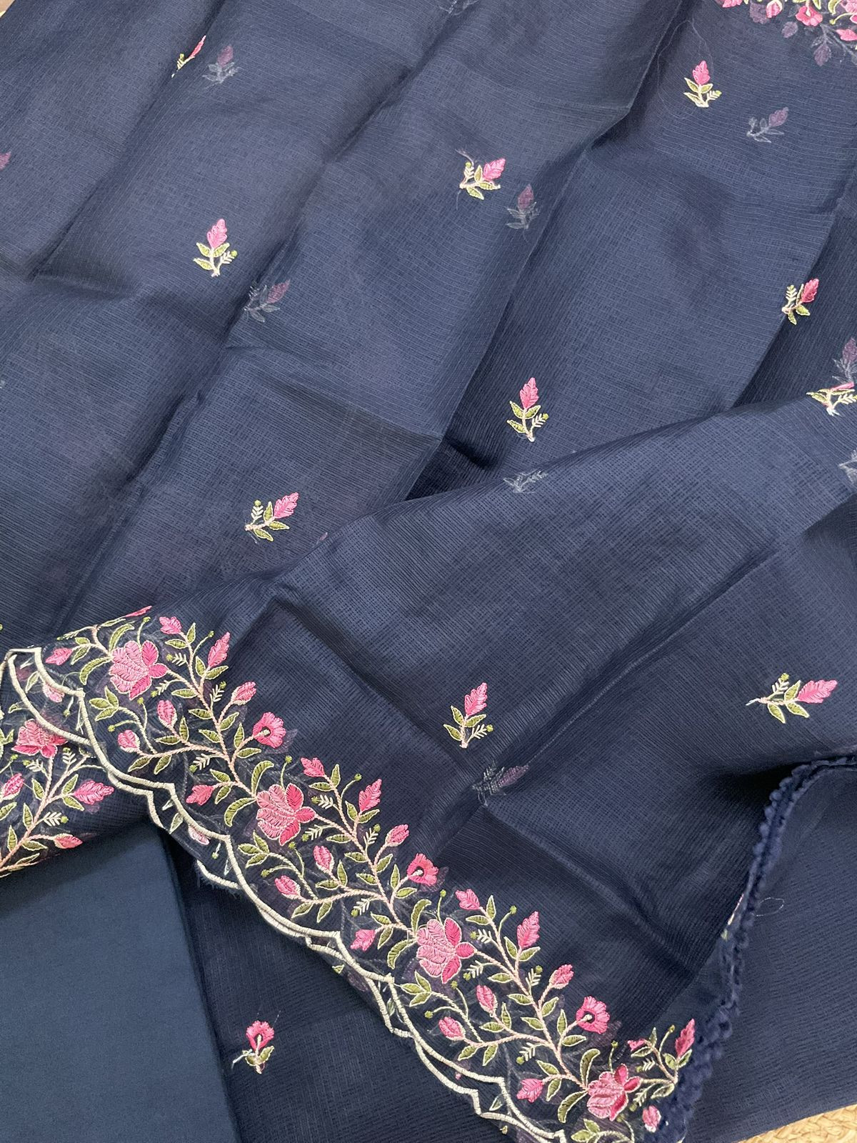 Soft Kota Silk Embroidered Suit - Dark Blue