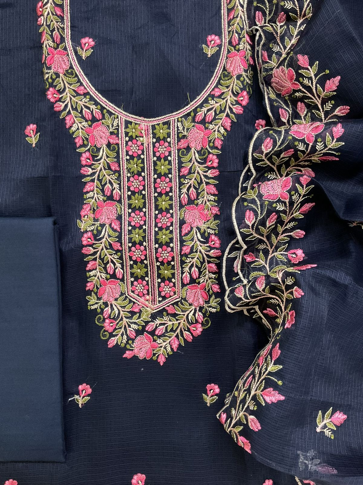 Soft Kota Silk Embroidered Suit - Dark Blue