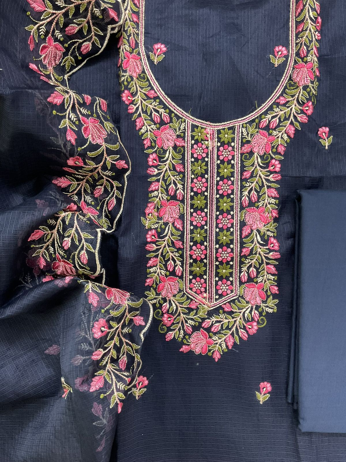 Soft Kota Silk Embroidered Suit - Dark Blue