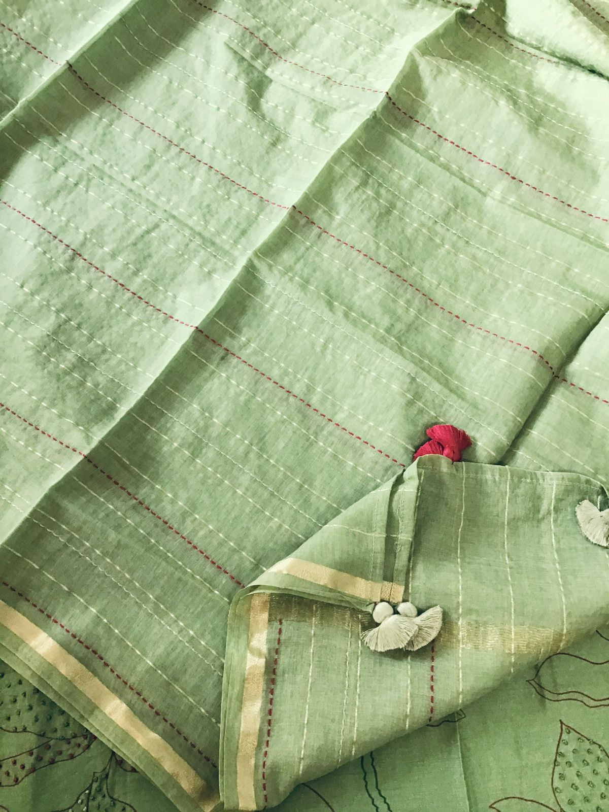 Pure Mul Chanderi Embroidered Suit - Green