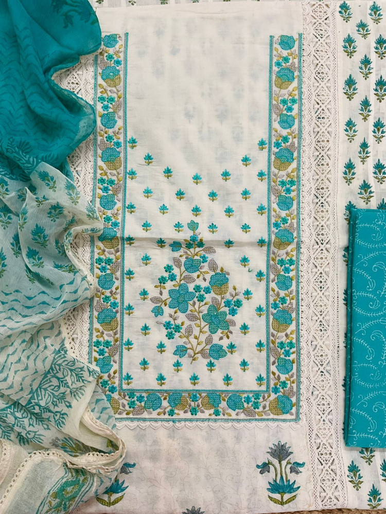 Image of Pure Cotton Printed Embroidered Self Weaved Suit - Off White