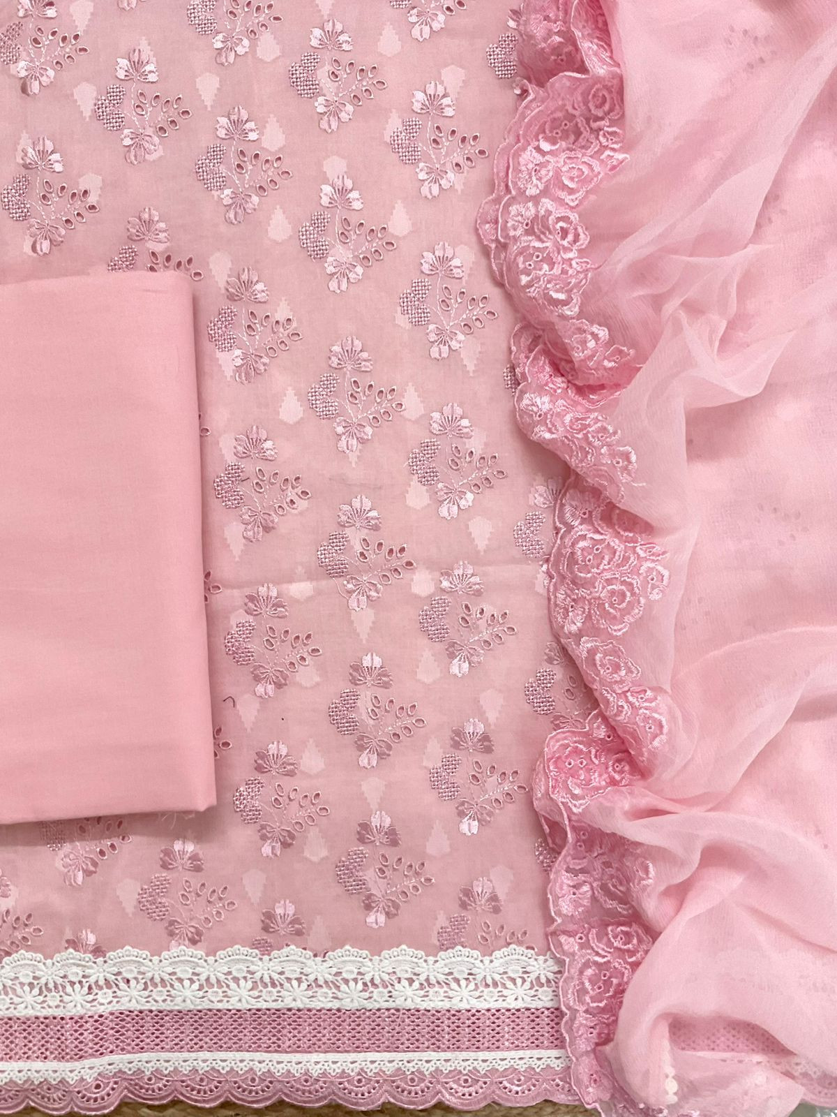 Pure Cotton Self Weaved Embroidered Suit - Pink