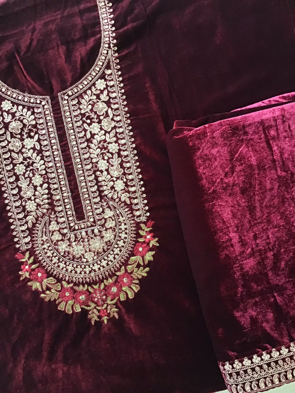 Soft Fine Heavy Velvet Embroidered Suit - Maroon