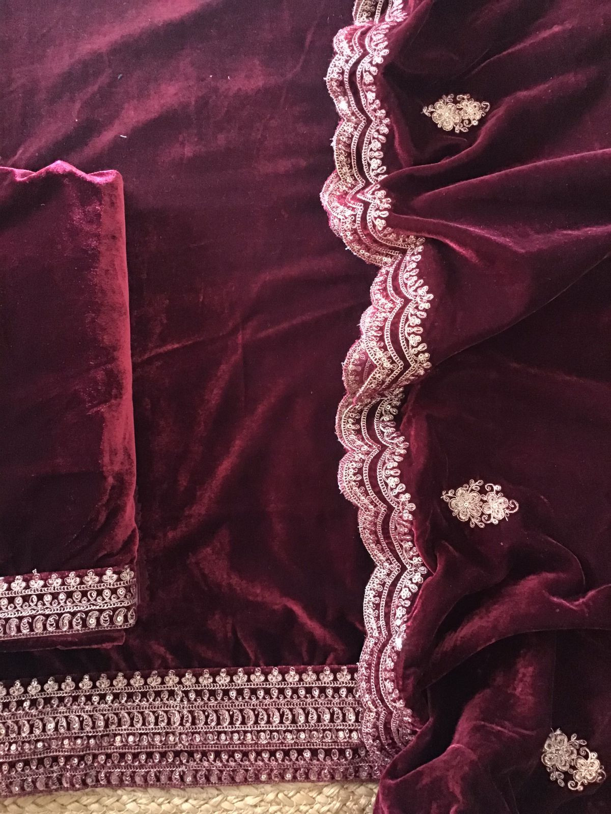 Soft Fine Heavy Velvet Embroidered Suit - Maroon