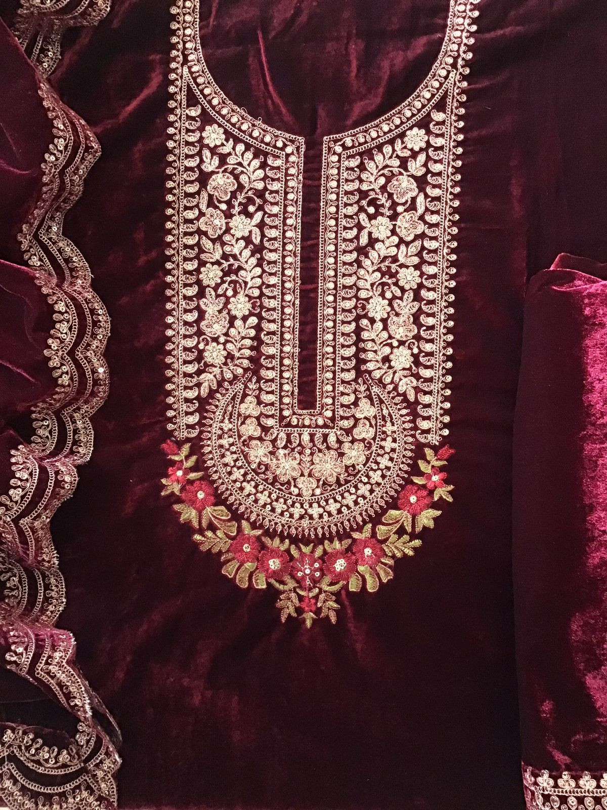 Soft Fine Heavy Velvet Embroidered Suit - Maroon