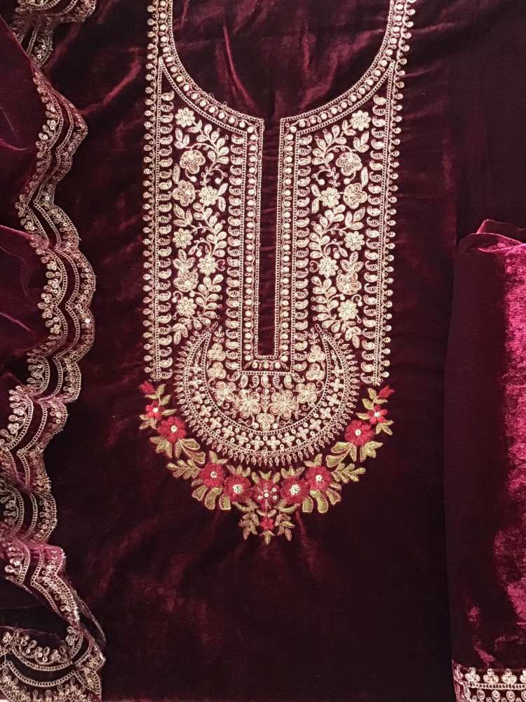 Image of Soft Fine Heavy Velvet Embroidered Suit - Maroon