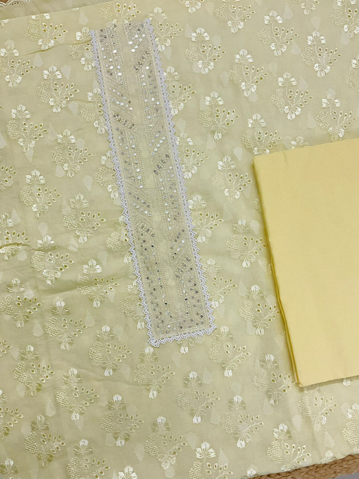 Pure Cotton Self Weaved Embroidered Suit - Yellow