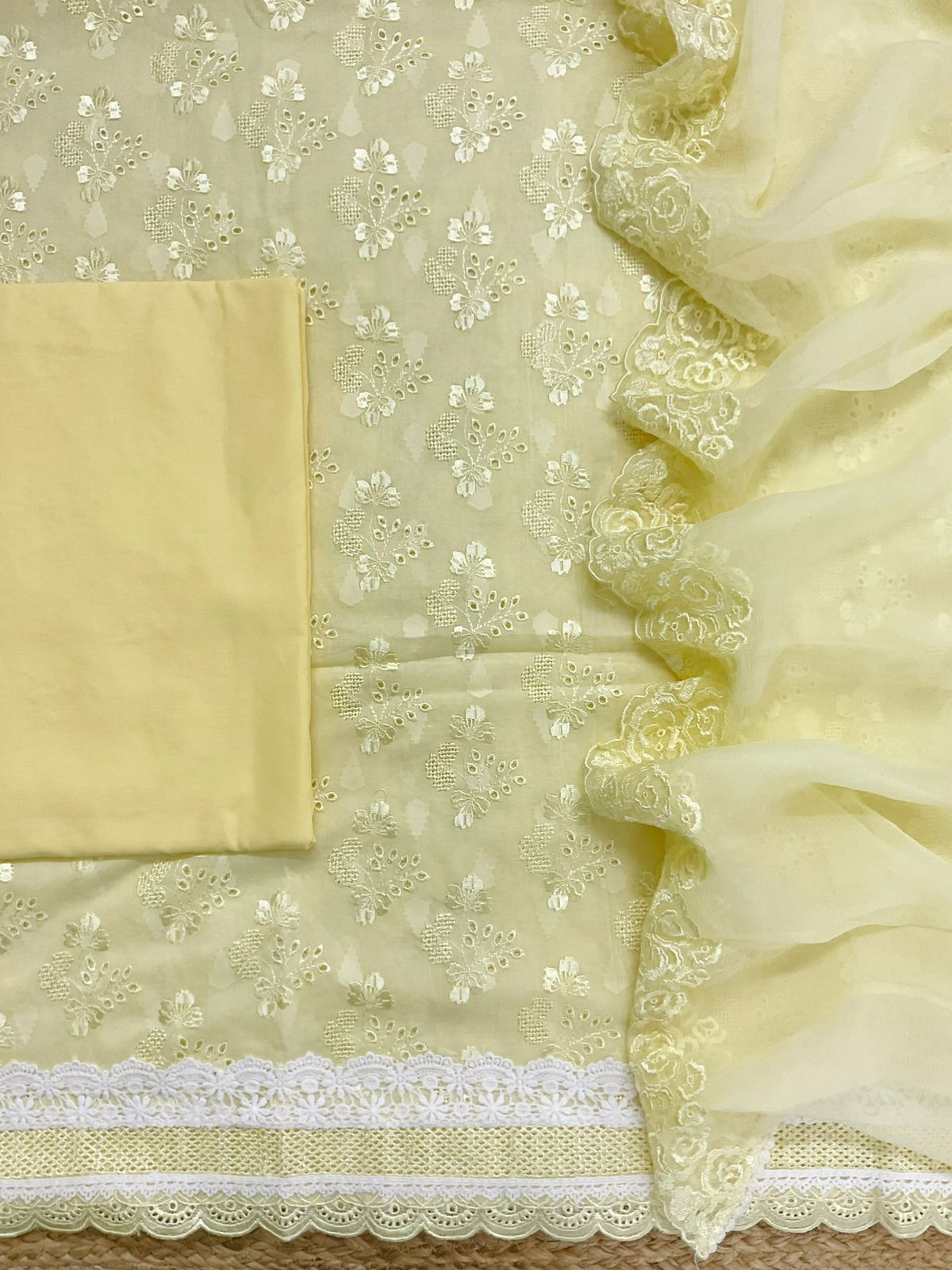 Pure Cotton Self Weaved Embroidered Suit - Yellow