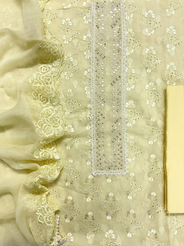 Image of Pure Cotton Self Weaved Embroidered Suit - Yellow