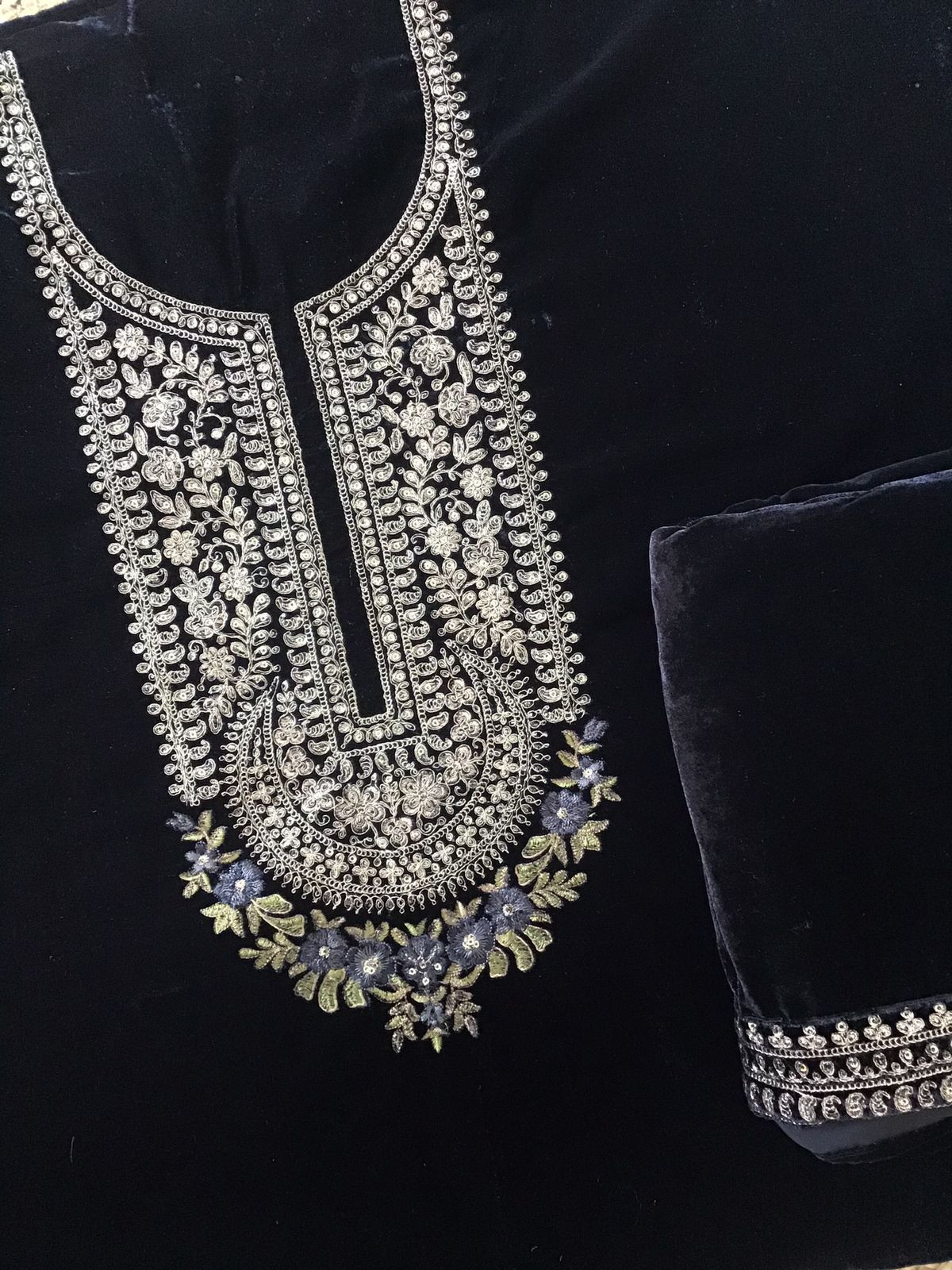 Soft Fine Heavy Velvet Embroidered Suit - Black