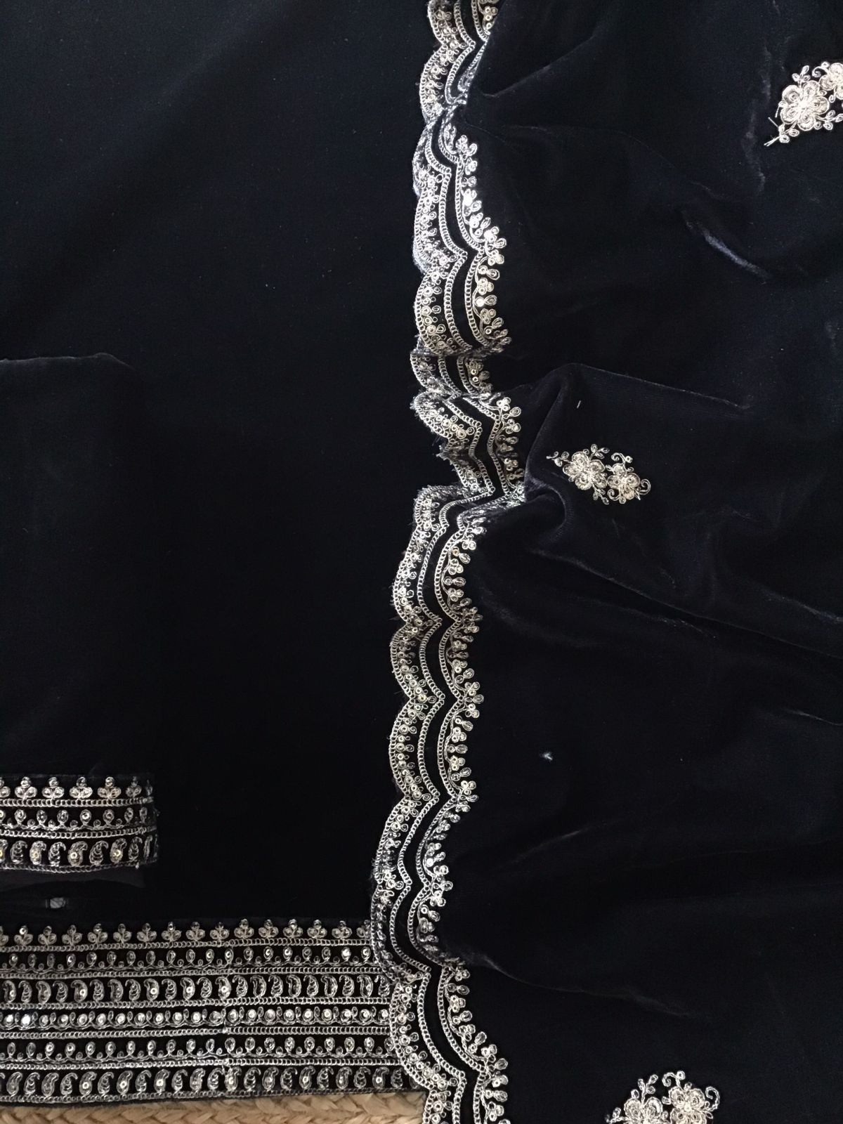 Soft Fine Heavy Velvet Embroidered Suit - Black